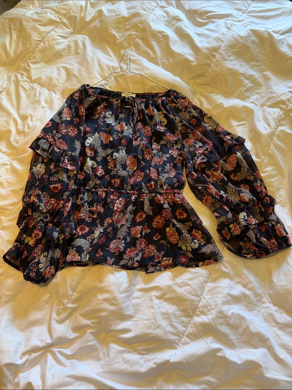 Maurices Navy Floral Tie-Front Peasant Blouse